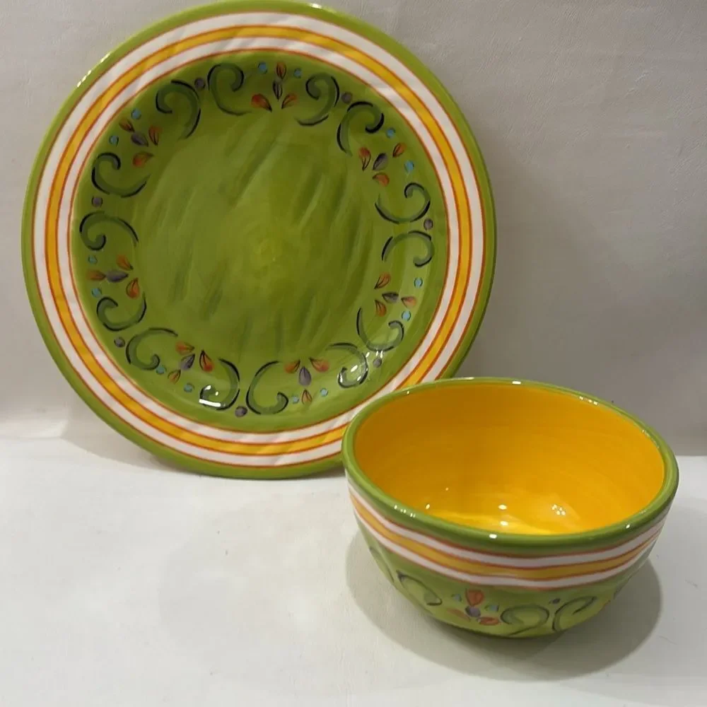 Pier 1 Pasilla Vibrant Green Yellow 10 3/4 In Plate & 5 1/2 Round Bowl 3 In Ta